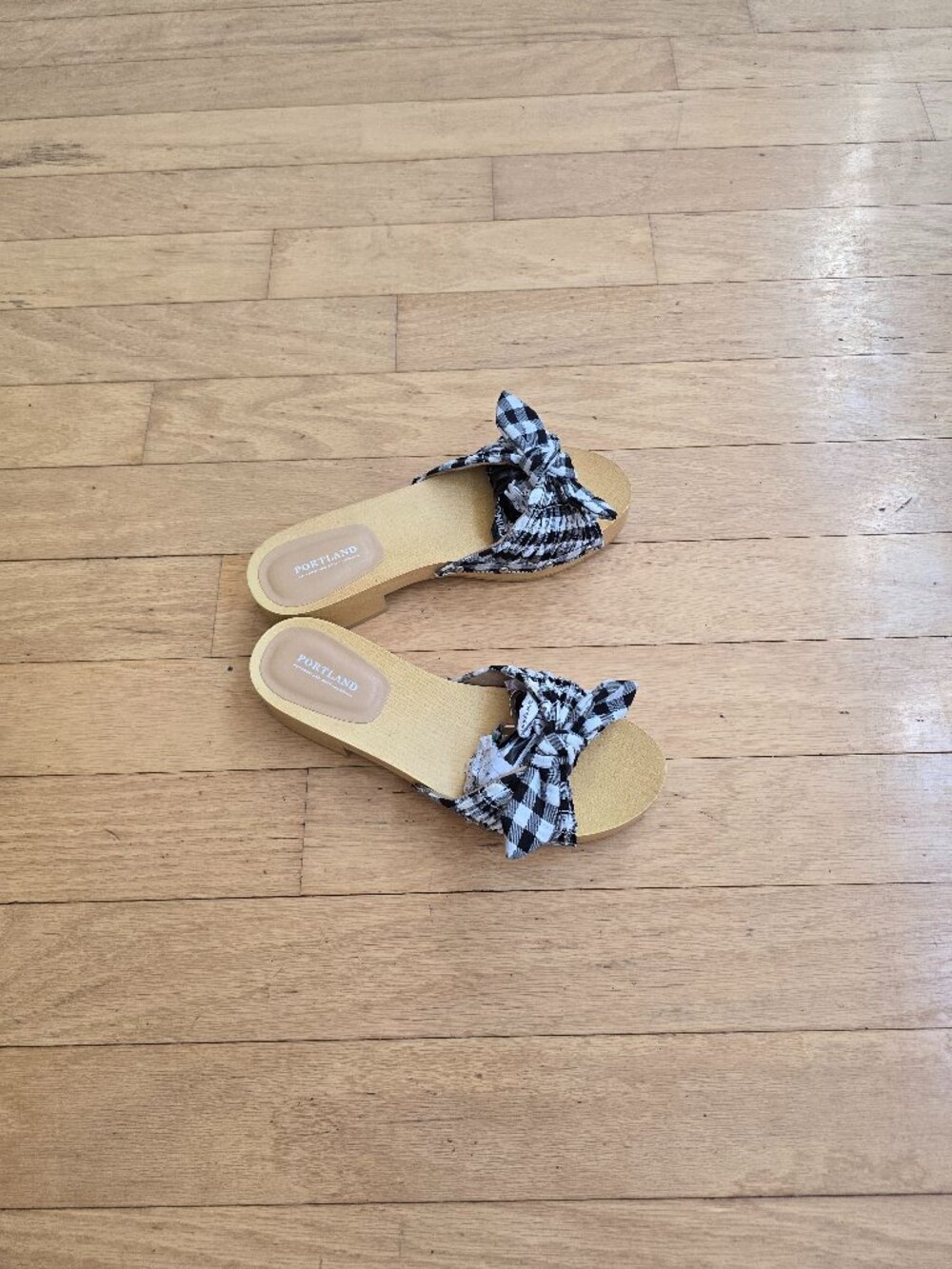 Portland Boot Company | Callie gingham black white bow platform sandals | WMS 8